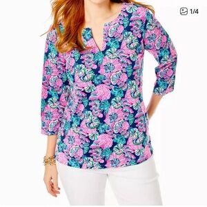 LILLY PULITZER upf 50+ karina tunic in oyster bay navy Small